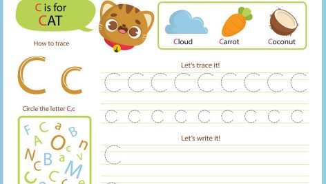 دانلود طرح لایه باز کاربرگ آموزش زبان انگلیسی حرف C برای کودکان | فلش کارت آموزش حرف C