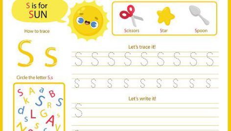 دانلود طرح لایه باز کاربرگ آموزش زبان انگلیسی حرف S | فلش کارت آموزش زبان برای کودکان