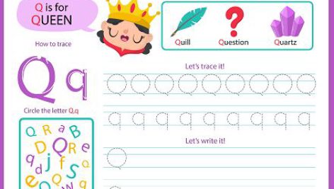 دانلود طرح لایه باز کاربرگ آموزش زبان انگلیسی حرف Q | فلش کارت آموزش زبان برای کودکان