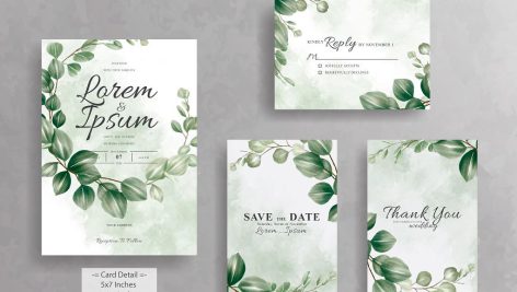 وکتور کارت عروسی با کادر برگ سبز مجموعه ۴ عددی | eps