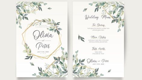 فایل کارت عروسی خام با کادر طلایی و شاخ و برگ با فرمت EPS