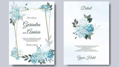 وکتور کارت دعوت عروسی خام با حاشیه گل و برگ آبی