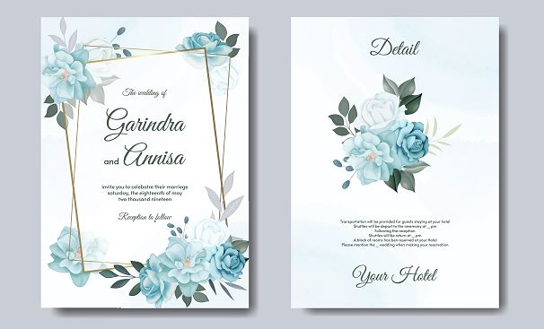 وکتور کارت دعوت عروسی با حاشیه گل و برگ آبی